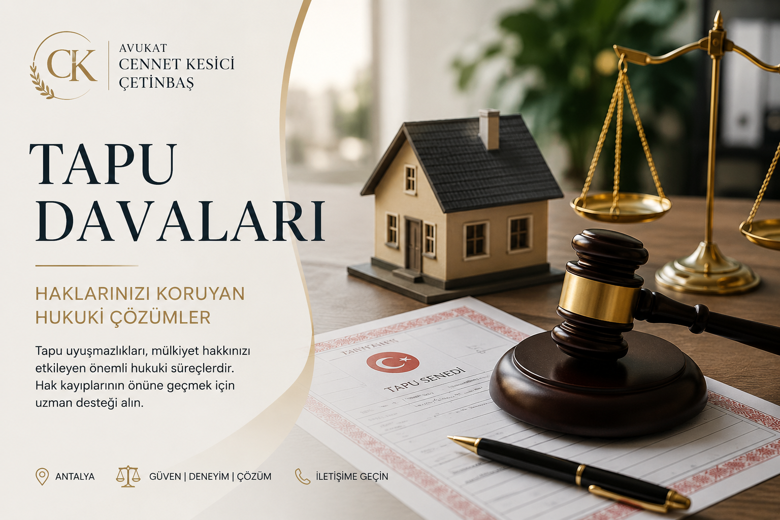 Antalya tapu davaları ve gayrimenkul hukuku süreçlerini temsil eden adliye ve tapu görseli