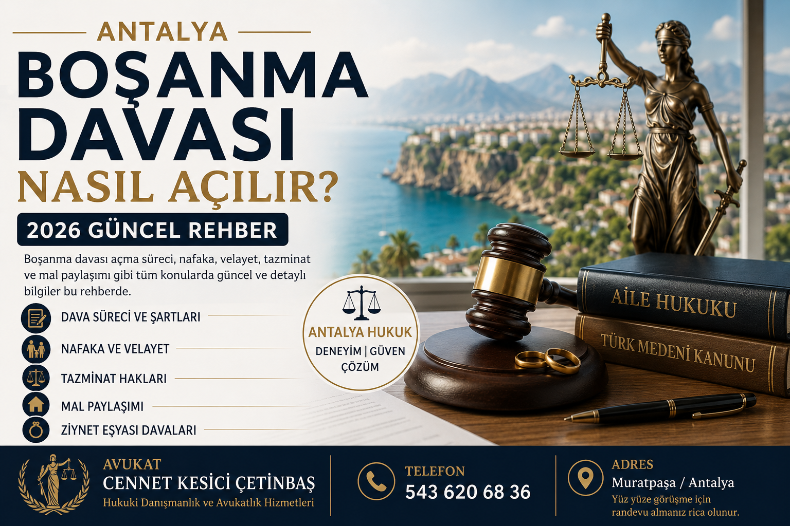 Antalya boşanma davası nasıl açılır? 2026 güncel rehberi için Avukat Cennet Kesici Çetinbaş'ın aile hukuku danışmanlık görseli.