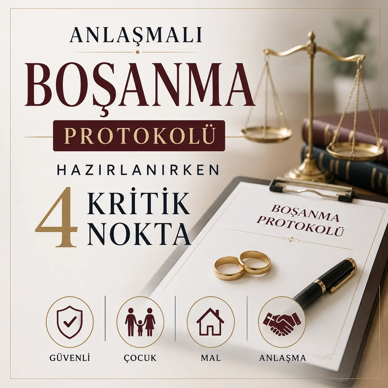 Anlaşmalı boşanma protokolü hazırlanırken dikkat edilmesi gereken 4 kritik nokta hakkında bilgilendirici hukuk görseli.