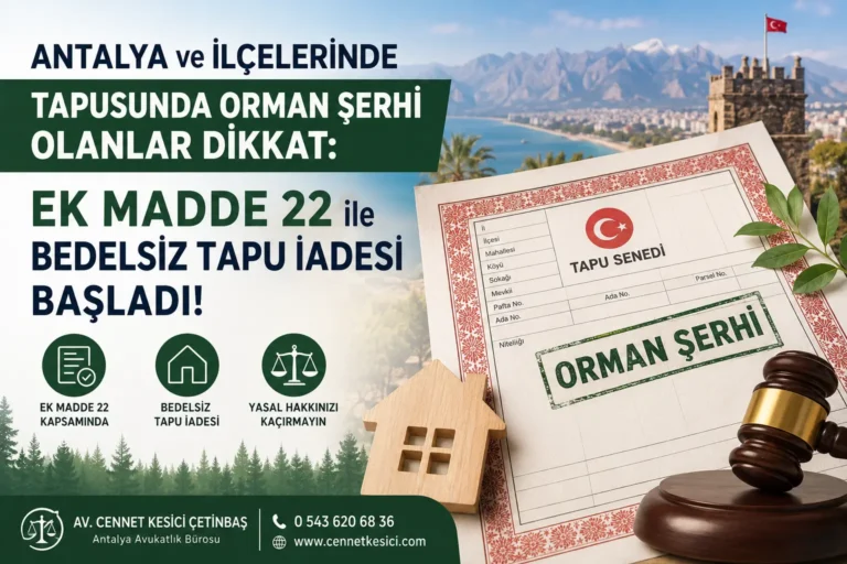 Antalya ve ilçelerinde tapusunda orman şerhi bulunan taşınmazlar için Ek Madde 22 kapsamında bedelsiz tapu iadesi hakkında Avukat Cennet Kesici Çetinbaş.