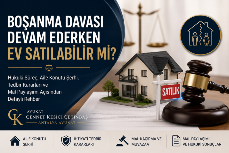 Boşanma davası devam ederken ev satışı, aile konutu şerhi ve mal paylaşımı sürecini simgeleyen Antalya avukat temalı hukuki görsel.