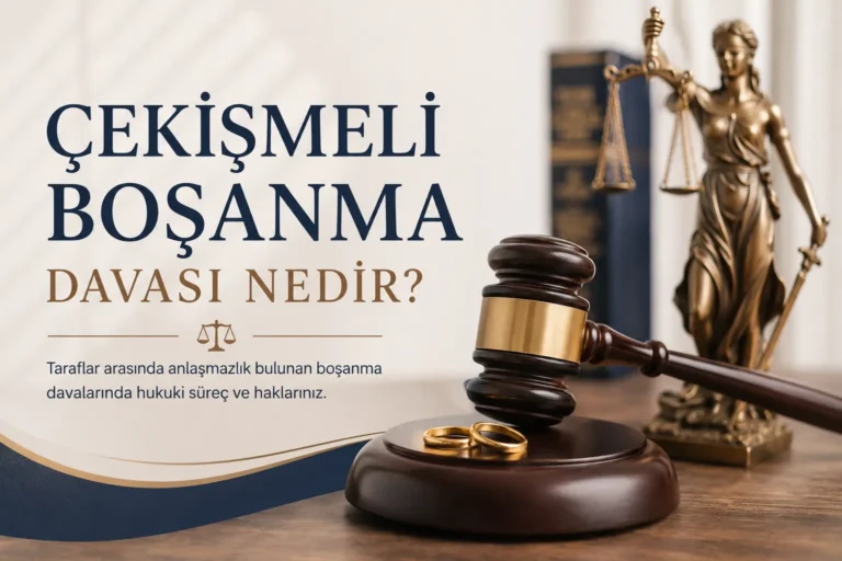 Çekişmeli boşanma davasını simgeleyen tokmak, yüzük ve adalet terazisi görseli