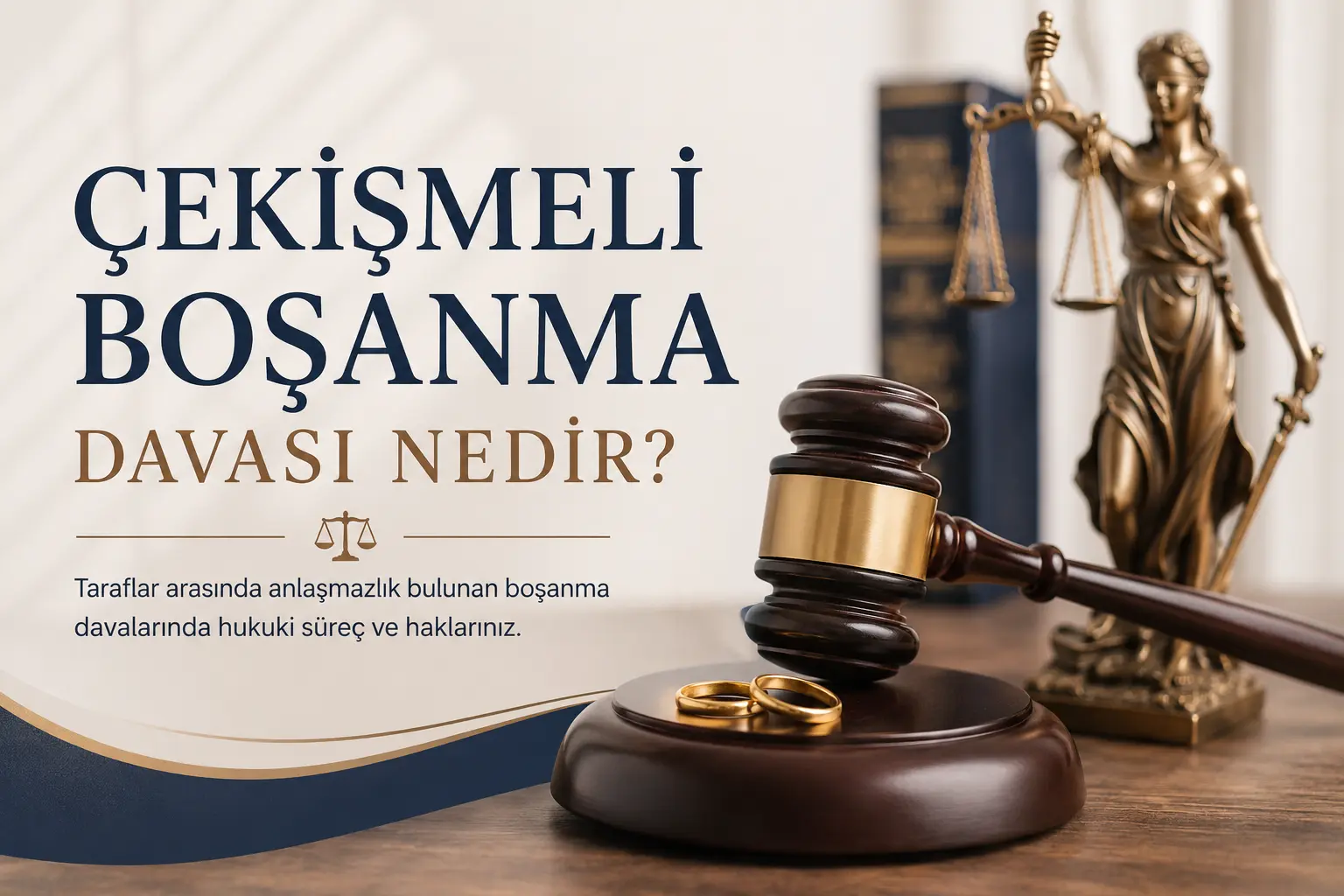 Çekişmeli boşanma davasını simgeleyen tokmak, yüzük ve adalet terazisi görseli