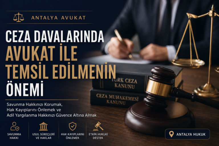 Ceza davalarında avukat ile temsil edilmenin önemi hakkında Antalya avukat desteğini anlatan hukuk temalı görsel.