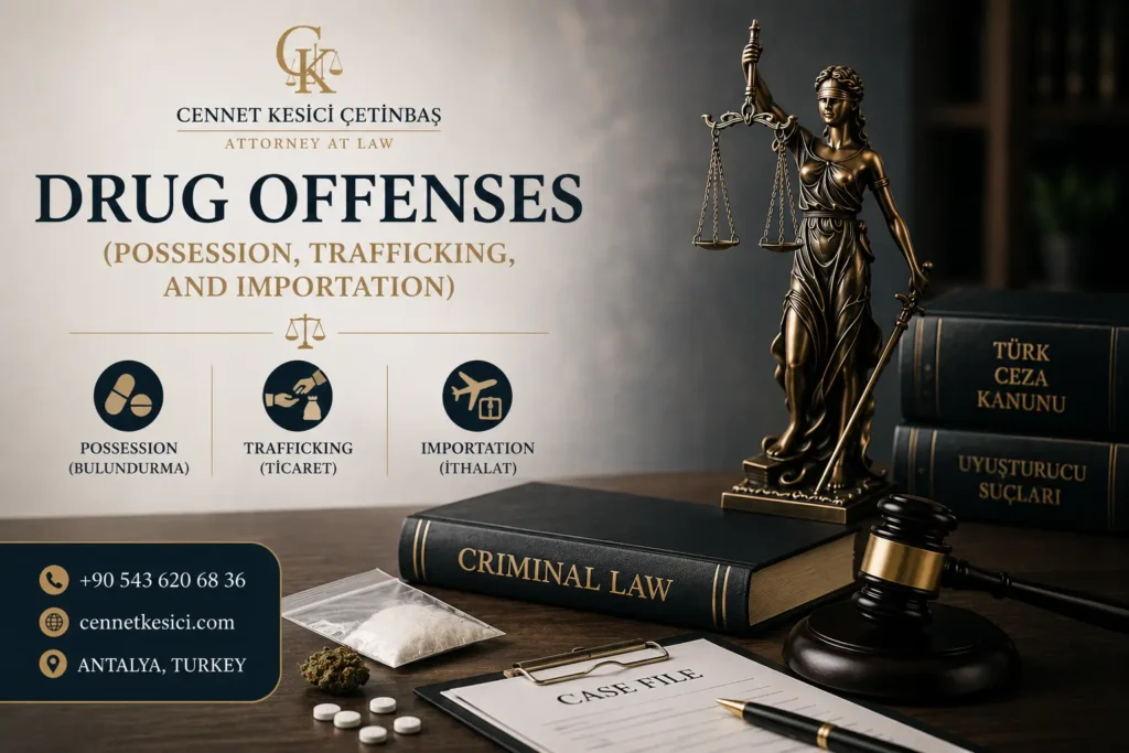 Antalya Criminal Defense Lawyer representing clients in drug offense cases involving possession, trafficking, and importation under Turkish criminal law.