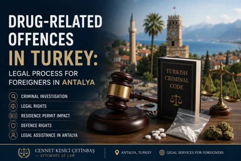 Professional legal guide about drug-related offences in Turkey for foreign nationals living in Antalya. Learn about criminal investigations, legal rights, police custody, Turkish Criminal Code, and legal assistance from Attorney Cennet Kesici Çetinbaş.