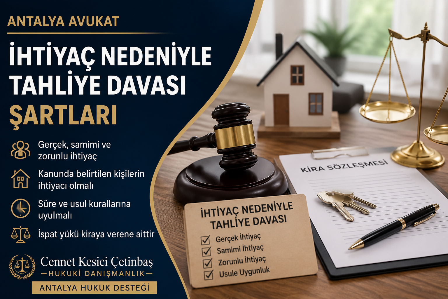 Antalya avukat ihtiyaç nedeniyle tahliye davası şartlarını anlatan hukuk görseli