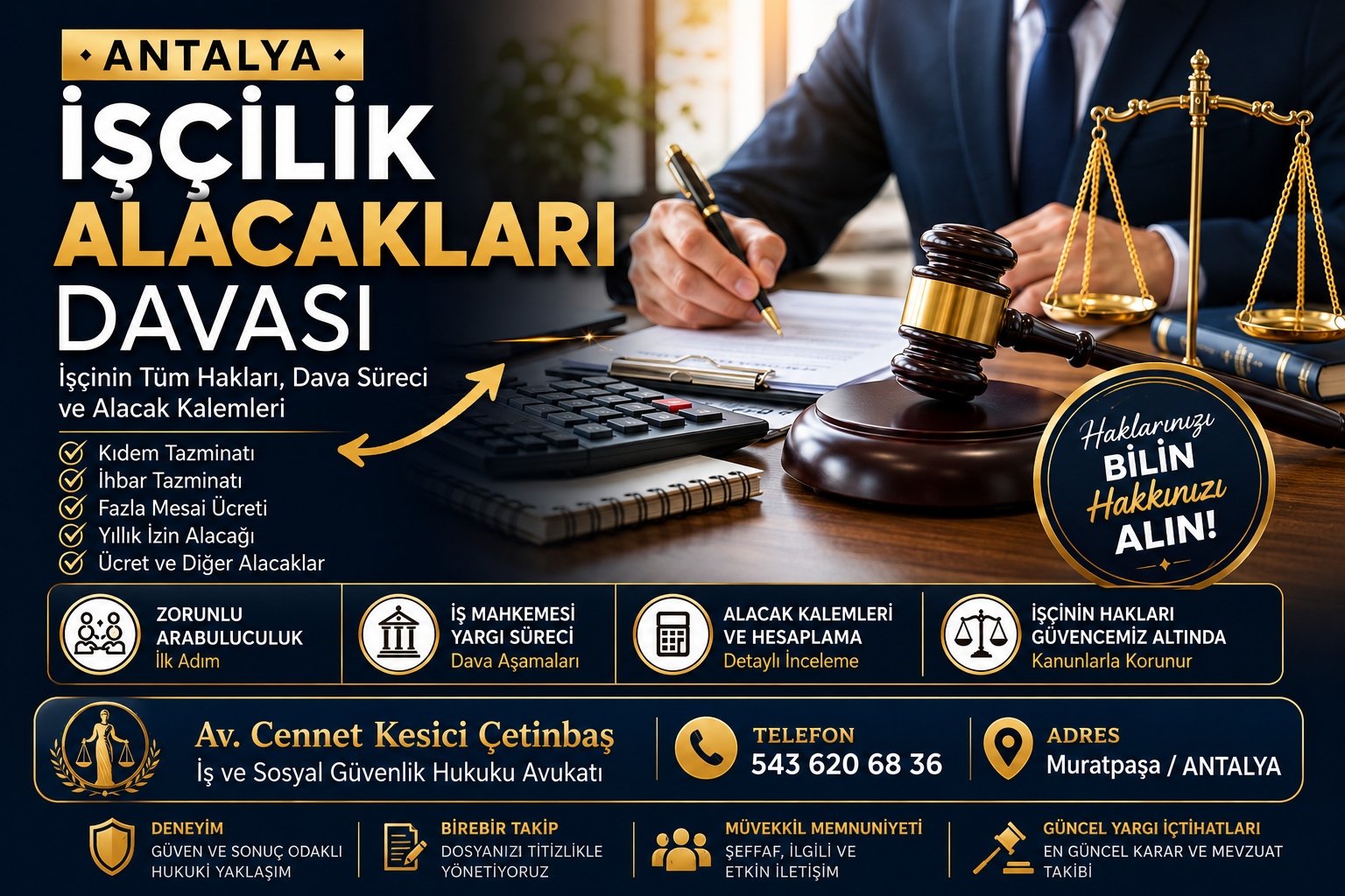 Antalya'da işçilik alacakları davası, kıdem tazminatı, ihbar tazminatı, fazla mesai ücreti ve işçi hakları konusunda bilgilendirici makale için hazırlanan hukuk temalı öne çıkan görsel.