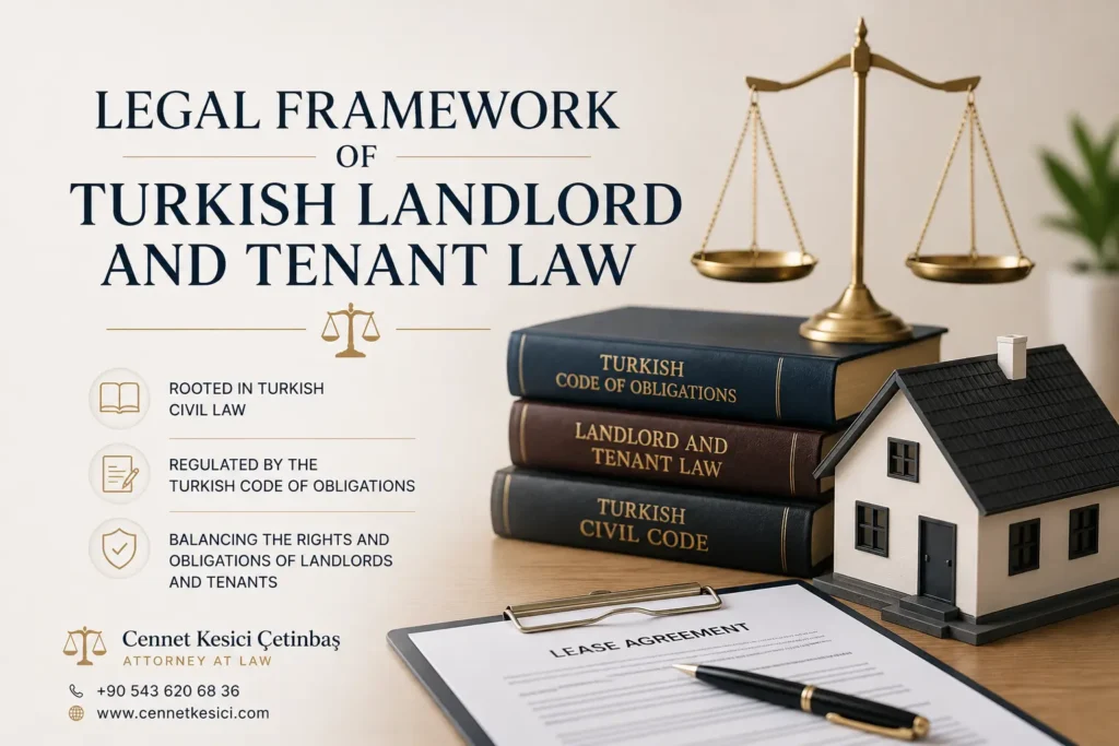Legal framework of Turkish landlord and tenant law with lease agreement documents, law books, and property model, presented by Antalya lawyer Cennet Kesici Çetinbaş.