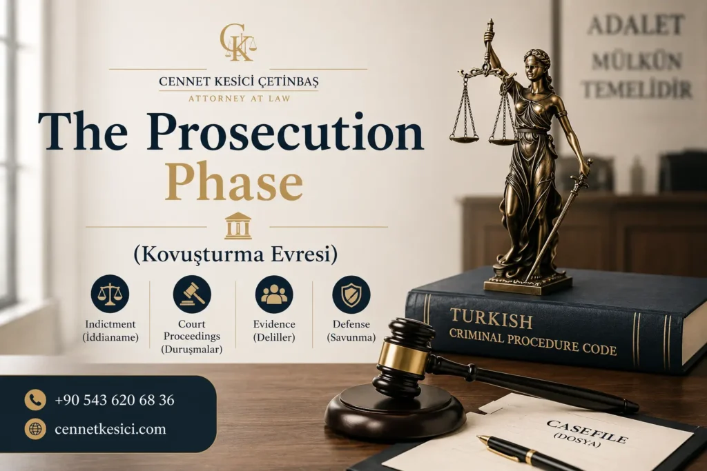 The Prosecution Phase (Kovuşturma Evresi) of Turkish criminal proceedings explained by Antalya Criminal Defense Lawyer Cennet Kesici Çetinbaş.