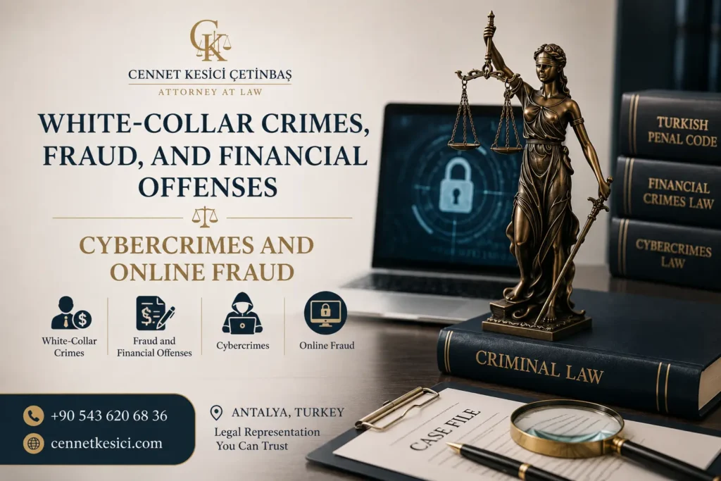 Antalya Criminal Defense Lawyer providing legal representation for white-collar crimes, fraud, financial offenses, cybercrimes, and online fraud cases in Turkey.