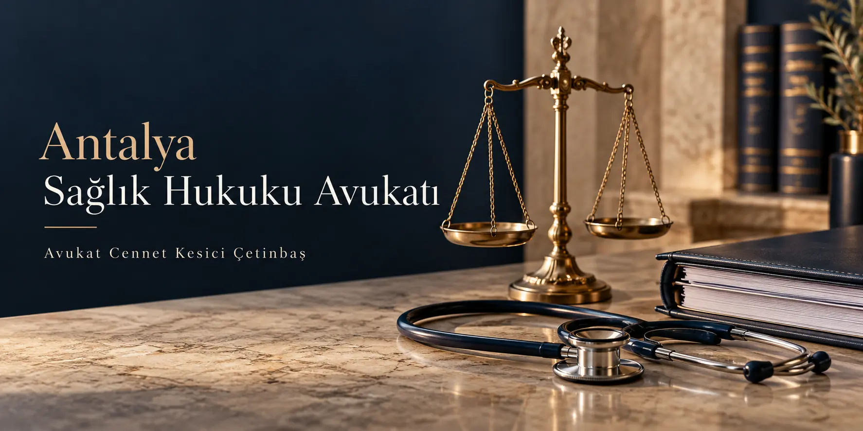Antalya Sağlık Hukuku Avukatı başlığı, Avukat Cennet Kesici Çetinbaş adı, adalet terazisi ve stetoskop