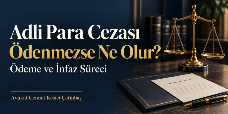 Adli para cezası ödenmezse ne olur? Avukat Cennet Kesici Çetinbaş’ın rehberine ait adalet terazisi, dosya ve belge görseli.