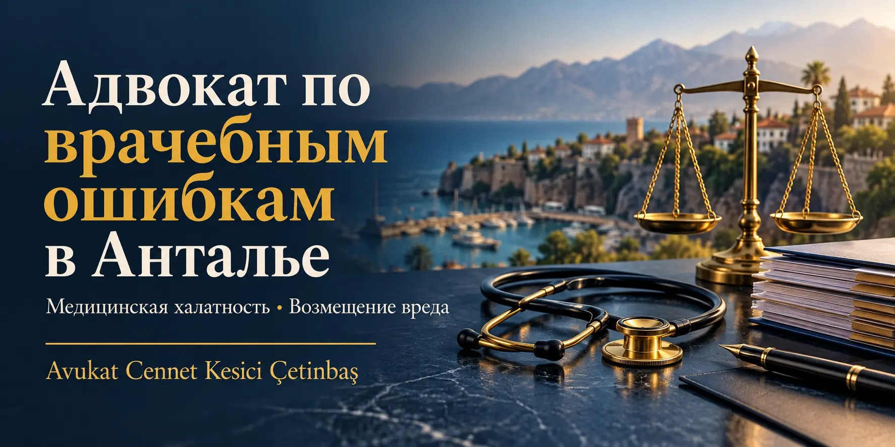 Адвокат по врачебным ошибкам в Анталье — Cennet Kesici Çetinbaş; весы правосудия, стетоскоп и медицинские документы