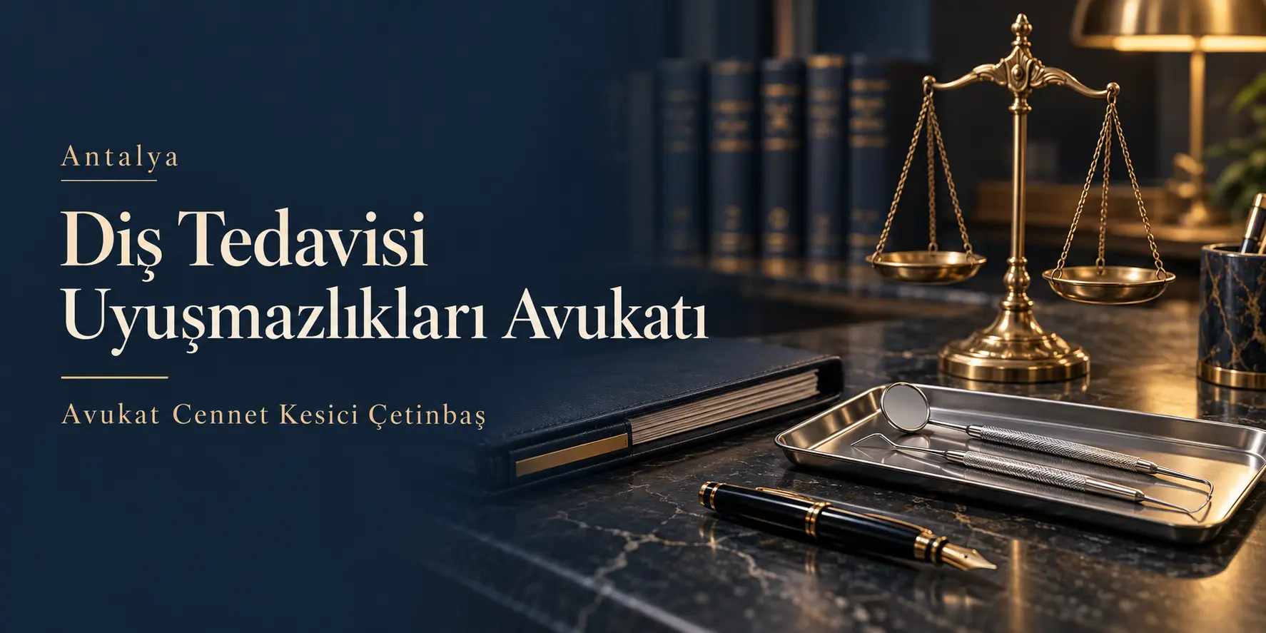 Antalya Diş Tedavisi Uyuşmazlıkları Avukatı başlığı, Avukat Cennet Kesici Çetinbaş adı, adalet terazisi ve diş hekimliği araçları