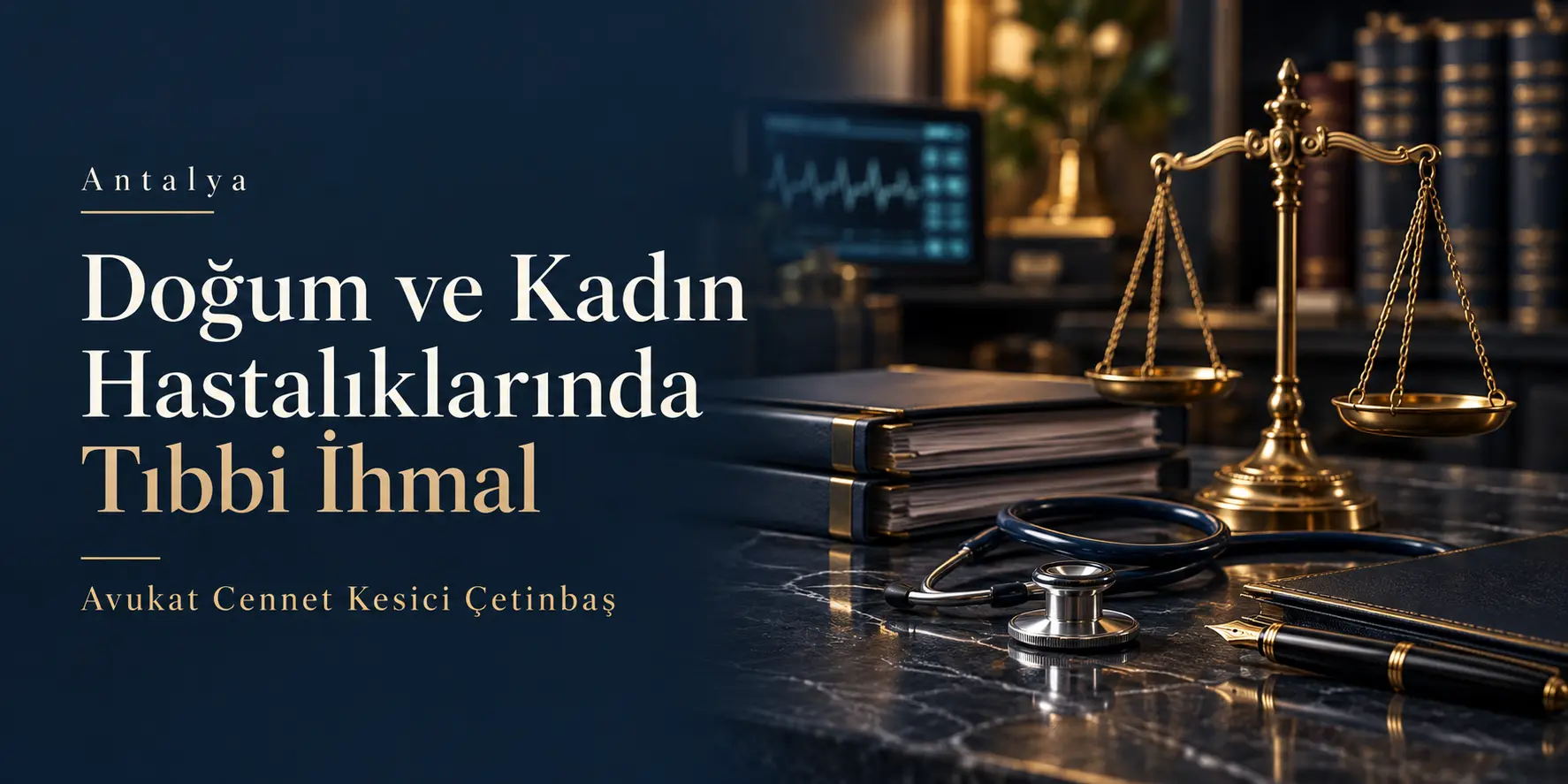 Antalya Doğum ve Kadın Hastalıklarında Tıbbi İhmal başlığı, Avukat Cennet Kesici Çetinbaş adı, adalet terazisi ve stetoskop