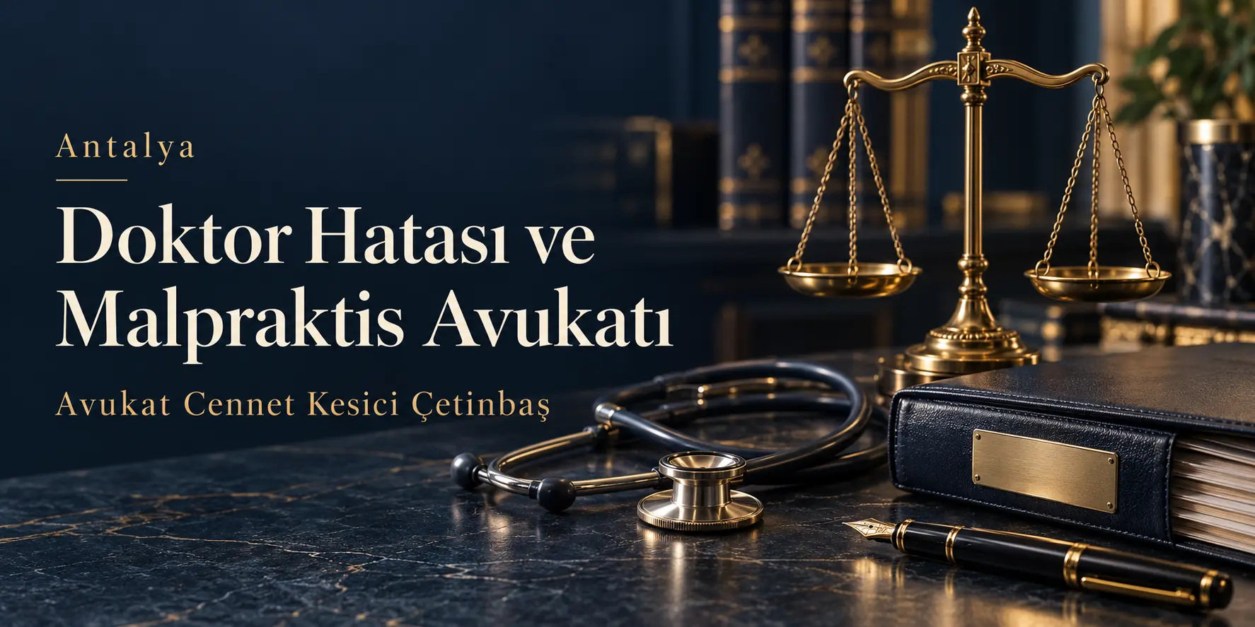 Antalya Doktor Hatası ve Malpraktis Avukatı başlığı, Avukat Cennet Kesici Çetinbaş adı, adalet terazisi ve stetoskop