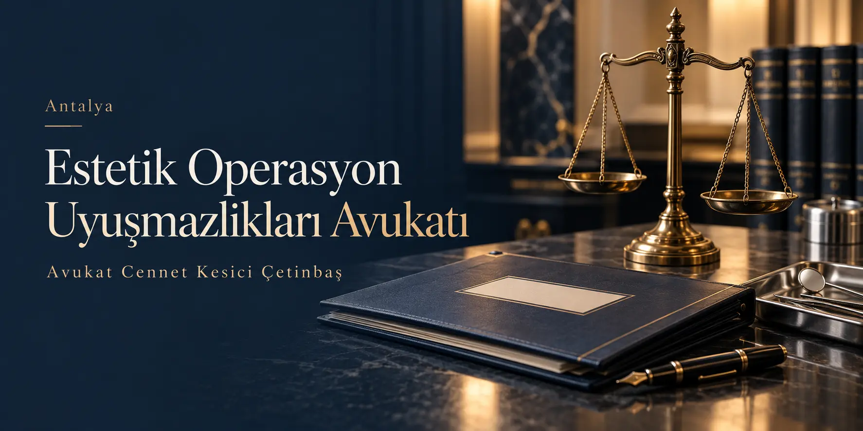 Antalya Estetik Operasyon Uyuşmazlıkları Avukatı başlığı, Avukat Cennet Kesici Çetinbaş adı, adalet terazisi ve tıbbi dosya