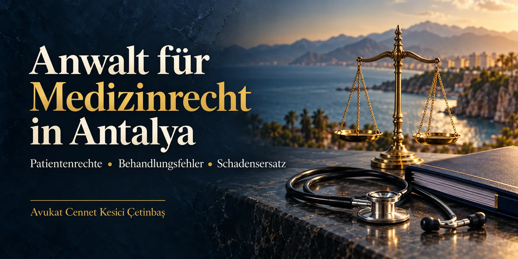 Medizinrecht in Antalya – Cennet Kesici Çetinbaş; Justizwaage, Stethoskop und medizinische Unterlagen