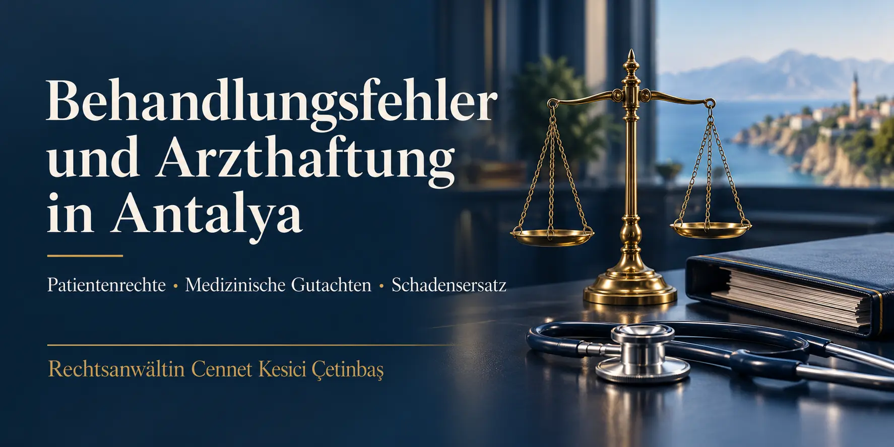 Justizwaage, Stethoskop und Patientenunterlagen zum Thema Behandlungsfehler und Arzthaftung in Antalya