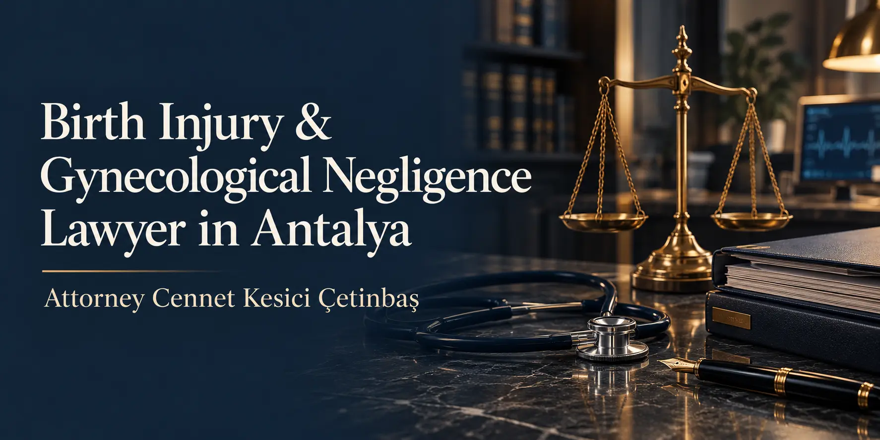 Birth Injury and Gynecological Negligence Lawyer in Antalya banner with justice scales, a stethoscope and the name Attorney Cennet Kesici Çetinbaş