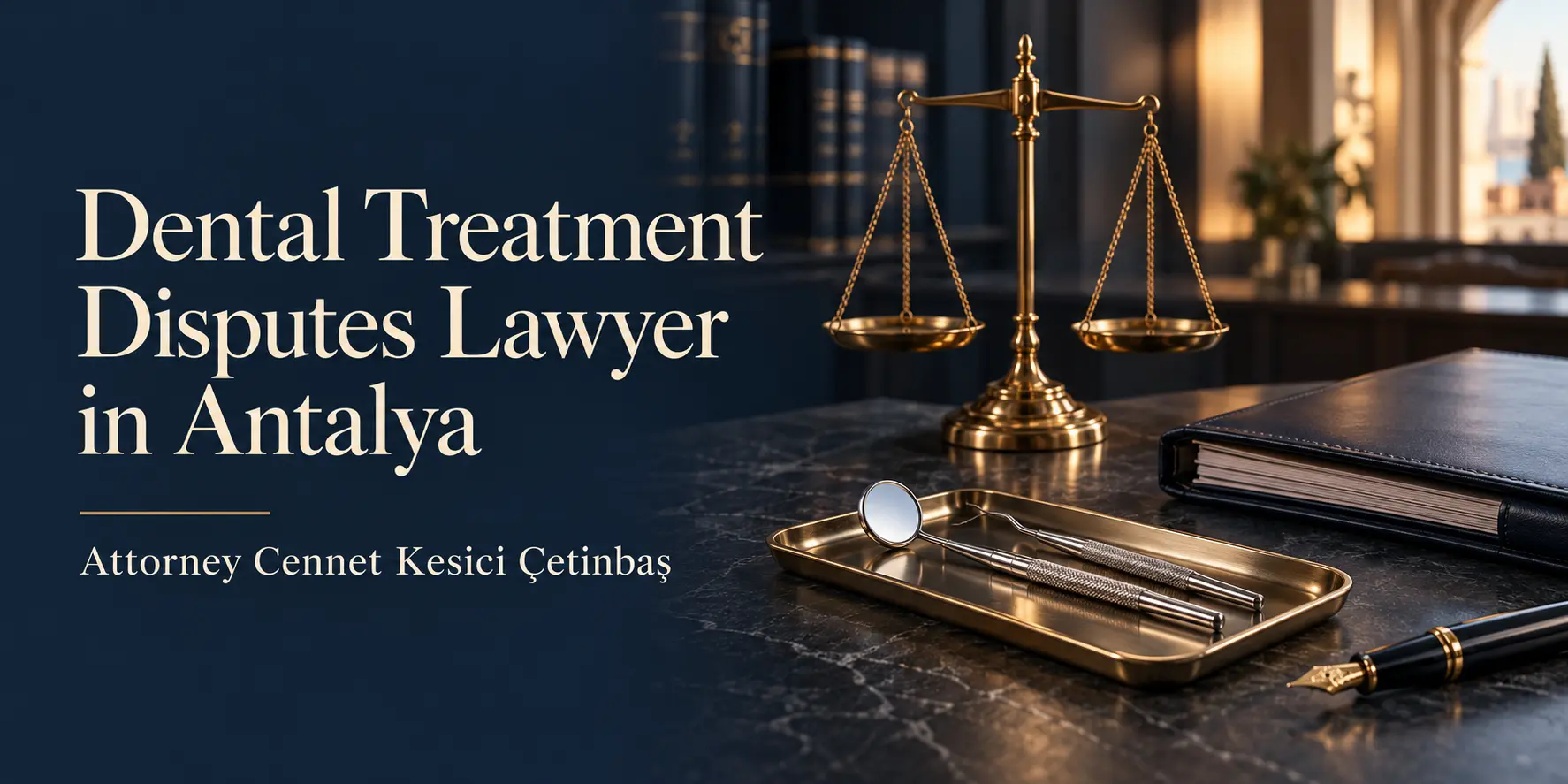 Dental Treatment Disputes Lawyer in Antalya banner with justice scales, dental instruments and the name Attorney Cennet Kesici Çetinbaş