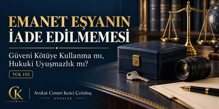 Emanet eşyanın iade edilmemesi başlığı, TCK 155 ibaresi, kilitli kutu, anahtar, kamera objektifi ve adalet terazisi.