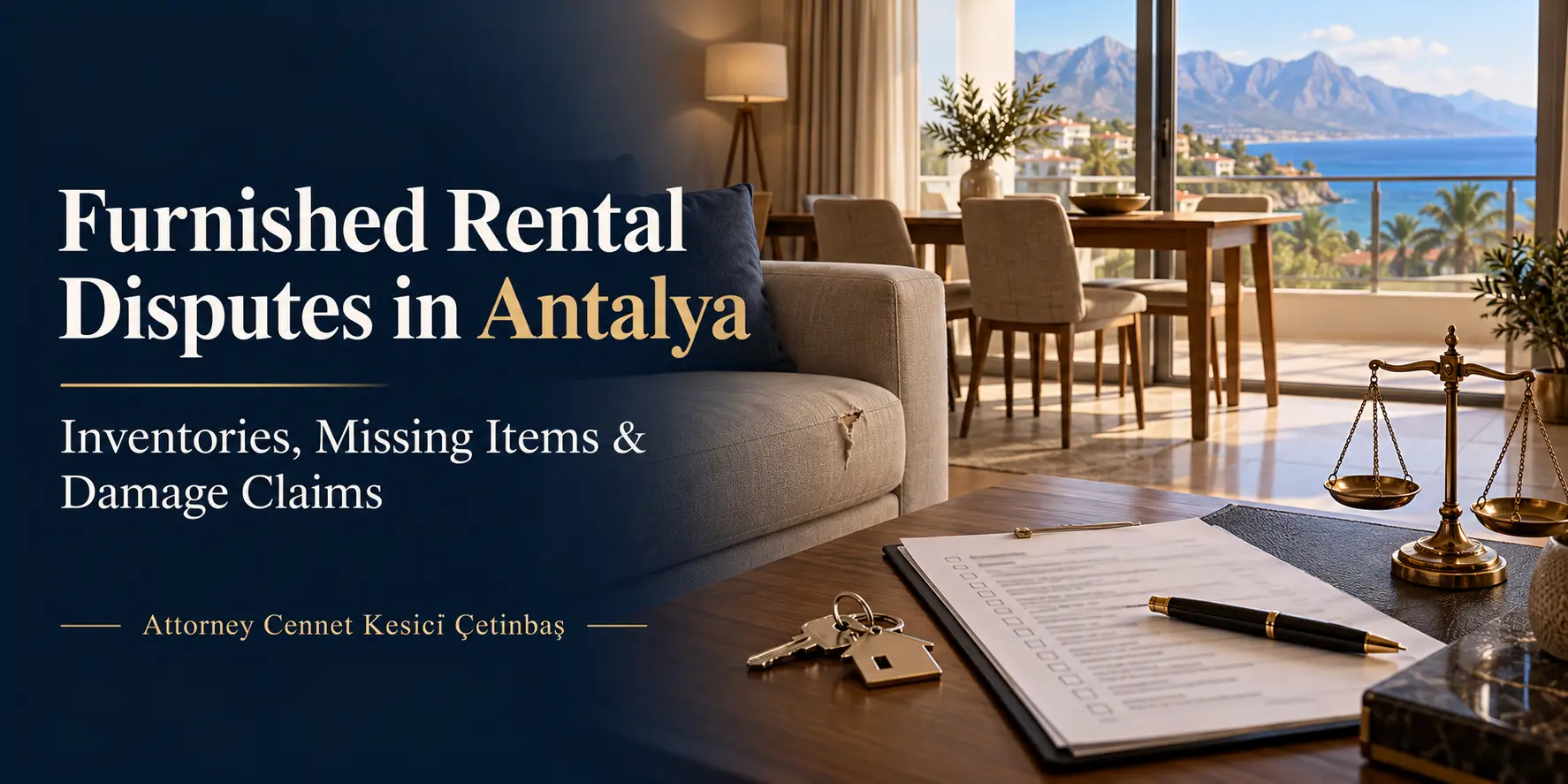 Furnished Antalya apartment with torn sofa upholstery, an inventory checklist, apartment keys and scales of justice.