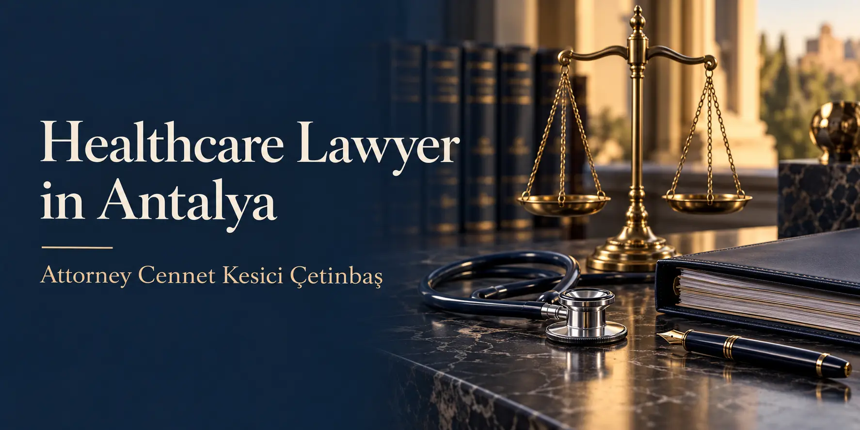 Healthcare Lawyer in Antalya banner with justice scales, a stethoscope and the name Attorney Cennet Kesici Çetinbaş