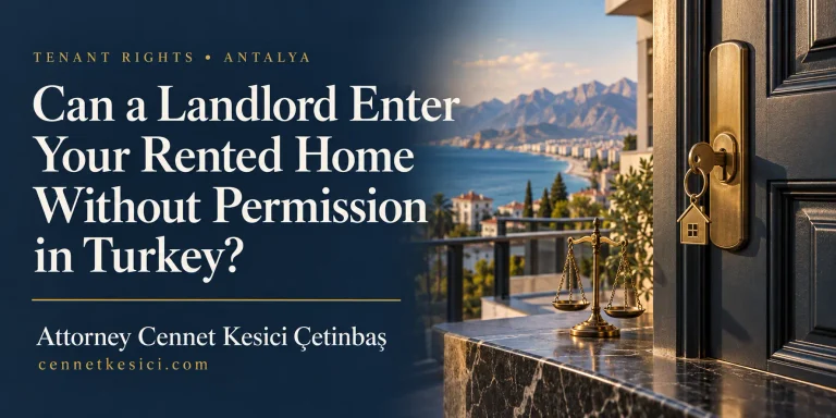 Landlord entry without permission in Turkey — door lock, keys and scales of justice with Attorney Cennet Kesici Çetinbaş branding.