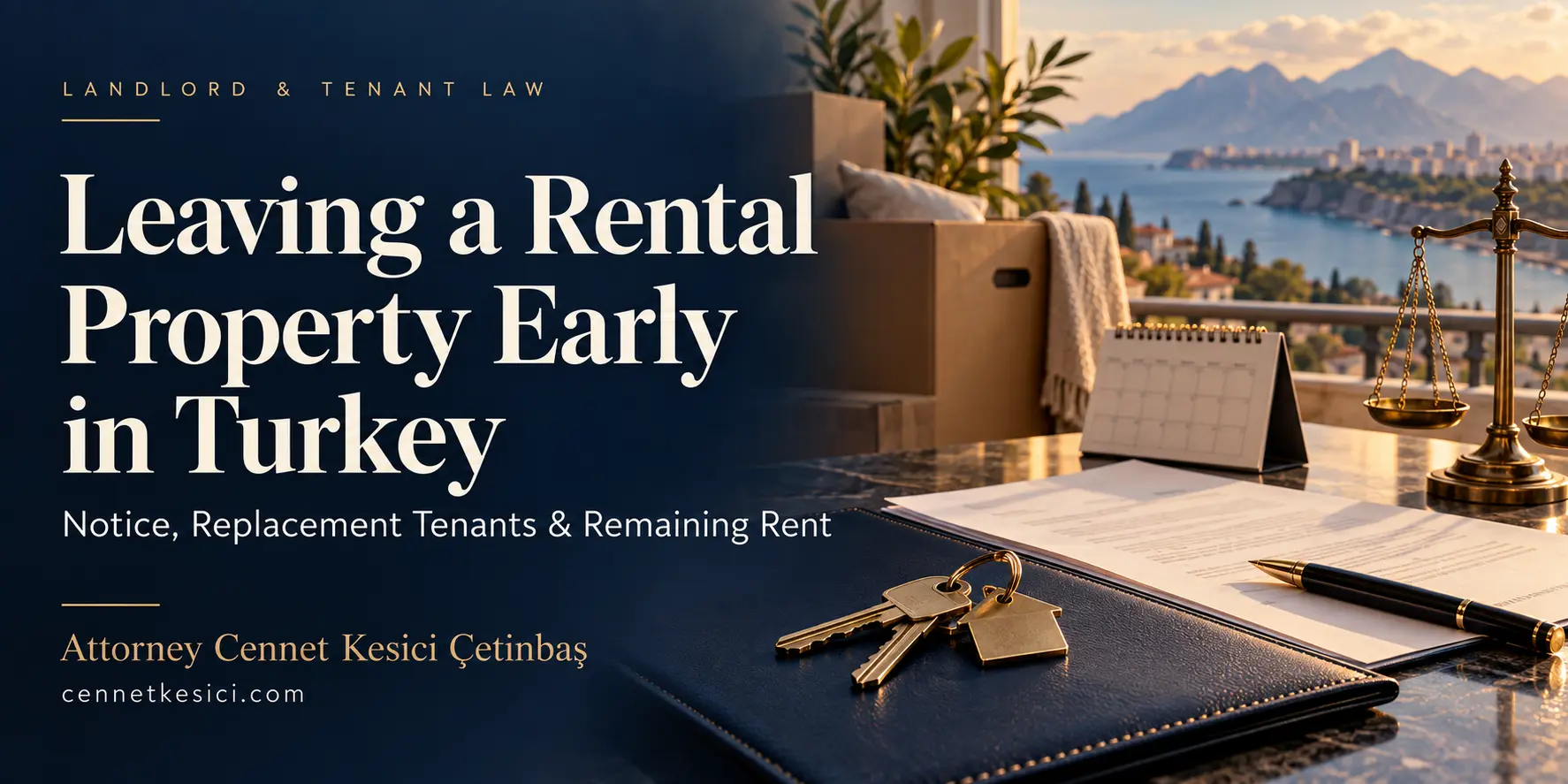 Leaving a rental property early in Turkey guide by Attorney Cennet Kesici Çetinbaş, featuring keys, a calendar and moving boxes against an Antalya coastal background.