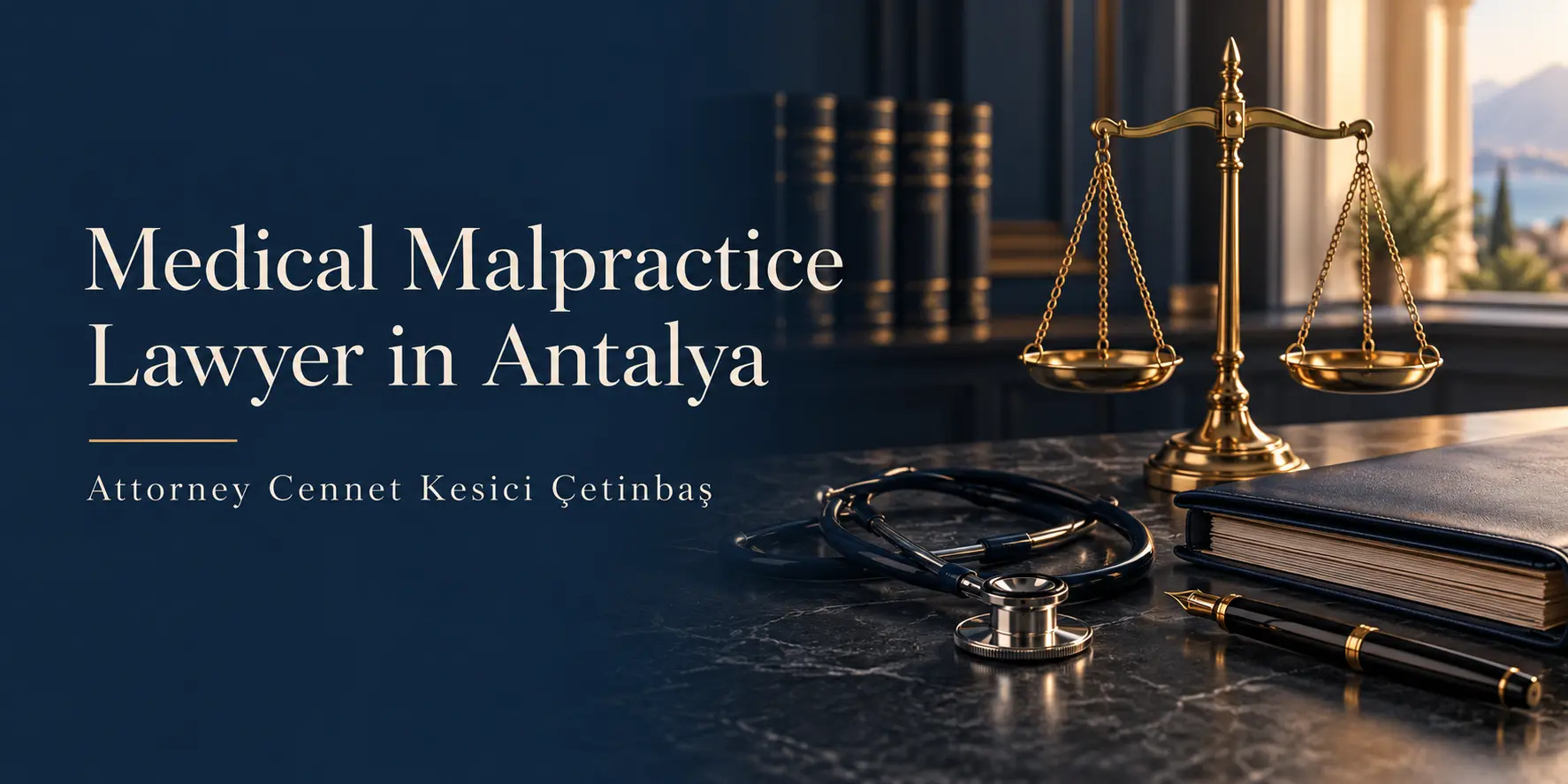 Medical Malpractice Lawyer in Antalya banner with justice scales, a stethoscope and the name Attorney Cennet Kesici Çetinbaş