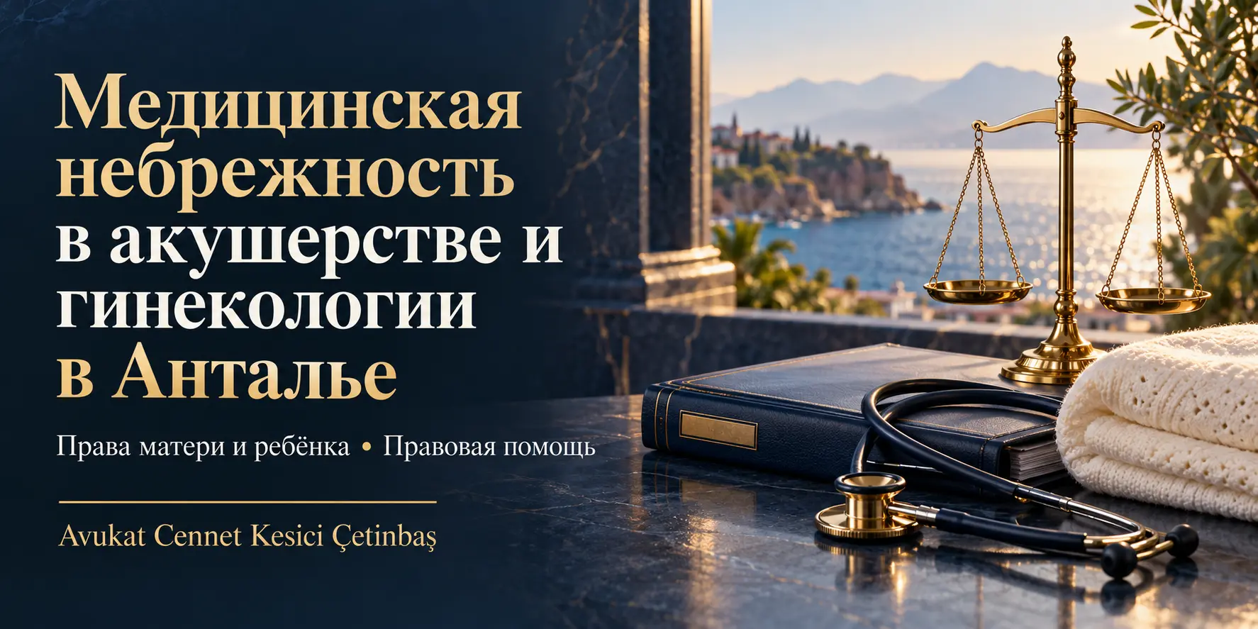 Медицинская небрежность в акушерстве и гинекологии в Анталье — Cennet Kesici Çetinbaş; весы правосудия, стетоскоп и детский плед