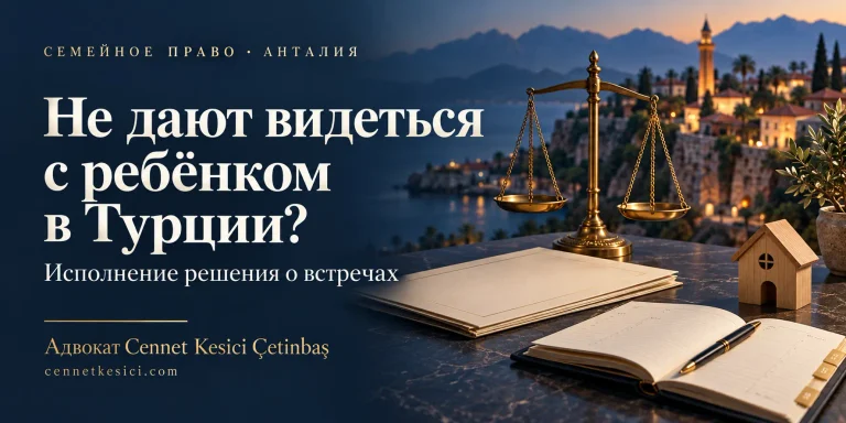 Весы правосудия, документы, ежедневник и деревянный домик на фоне Анталии — исполнение решения о встречах с ребёнком.