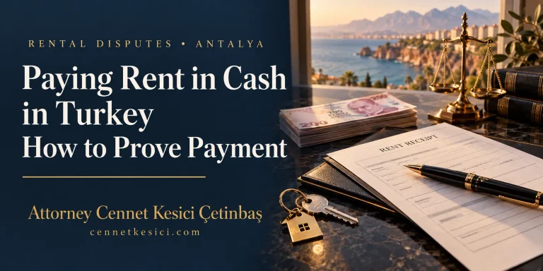 Rent receipt, Turkish lira, keys and scales of justice with Antalya coastline and Attorney Cennet Kesici Çetinbaş branding.