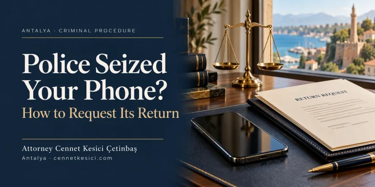 Smartphone beside a return request and scales of justice, with an Antalya coastal backdrop and Attorney Cennet Kesici Çetinbaş branding.
