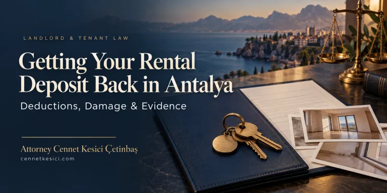 Rental deposit refund guide in Antalya by Attorney Cennet Kesici Çetinbaş, featuring keys, rental documents and property photographs.
