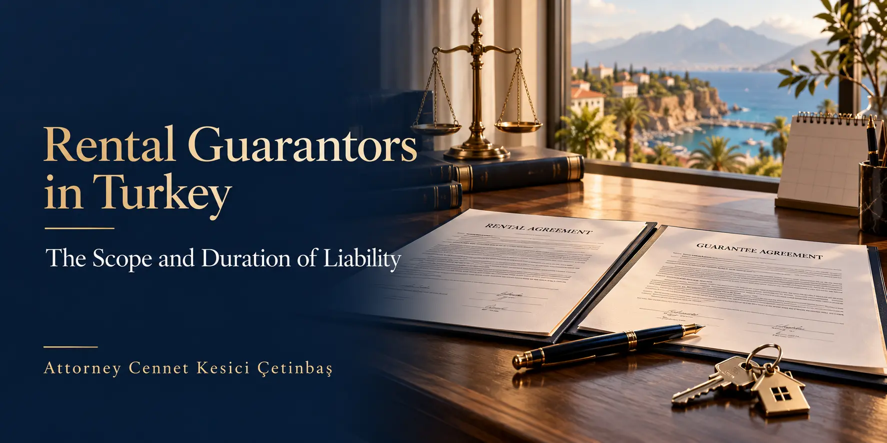Rental and guarantee agreements beside apartment keys, a calendar and scales of justice, with an Antalya coastal view.