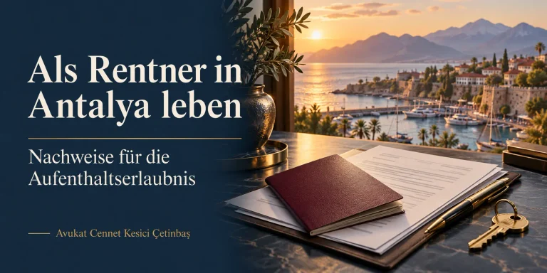 Aufenthaltserlaubnis für Rentner in Antalya: Dokumente vor der Kulisse des Hafens, mit dem Namen Avukat Cennet Kesici Çetinbaş.