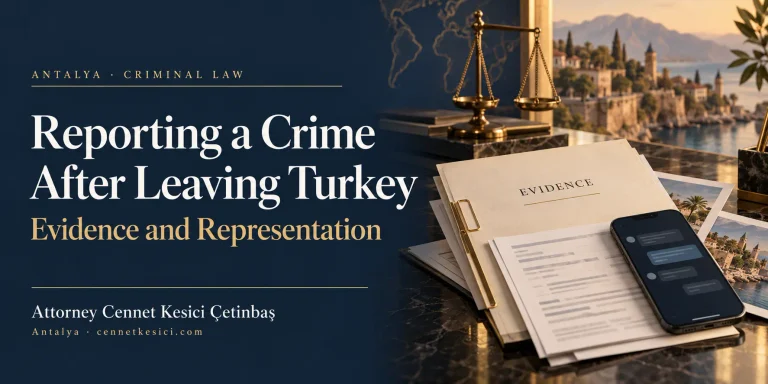 Evidence folder, smartphone messages and scales of justice with an Antalya coastal backdrop and Attorney Cennet Kesici Çetinbaş branding.