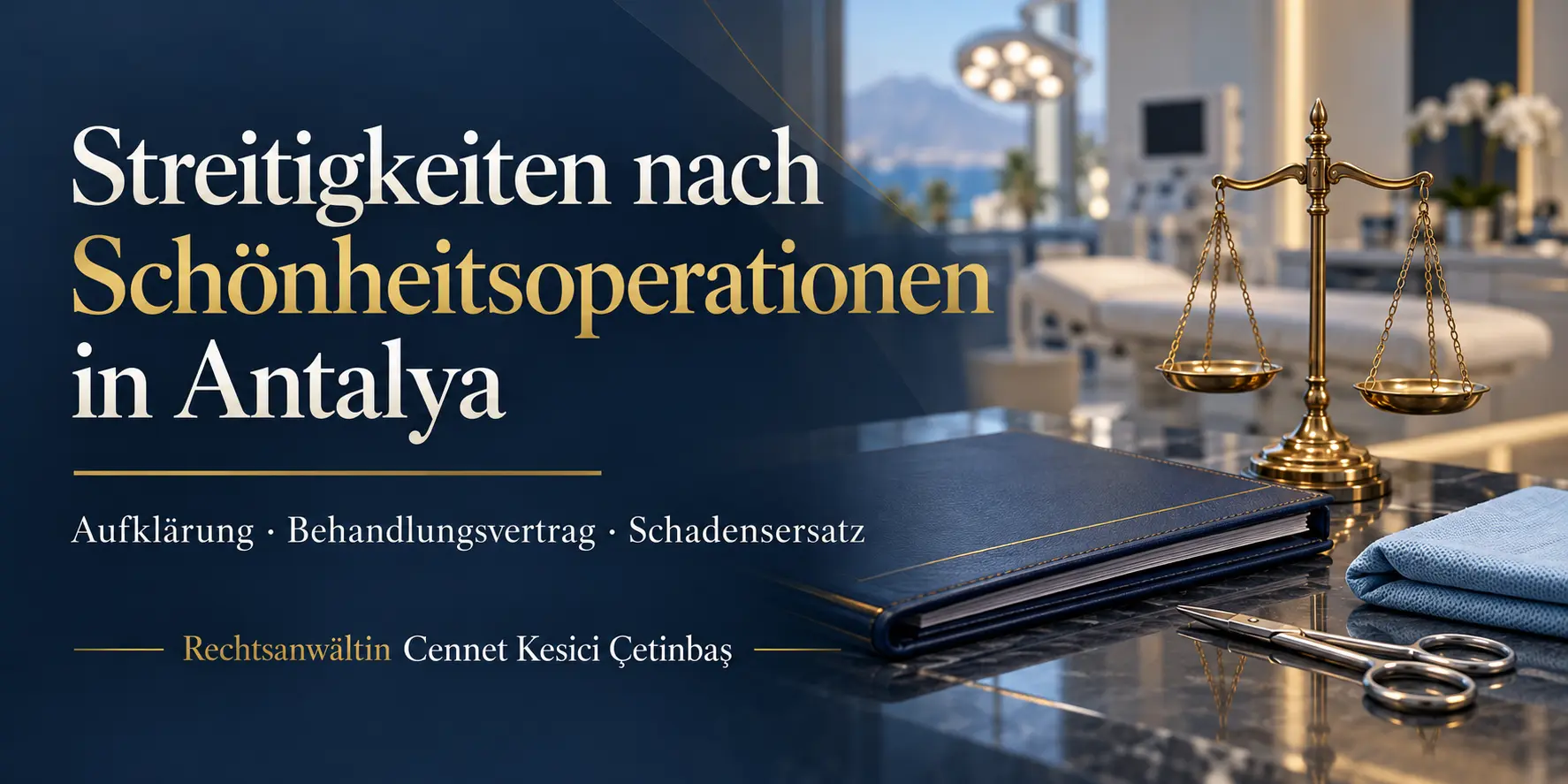 Justizwaage, Behandlungsunterlagen und chirurgische Instrumente zum Thema Streitigkeiten nach Schönheitsoperationen in Antalya