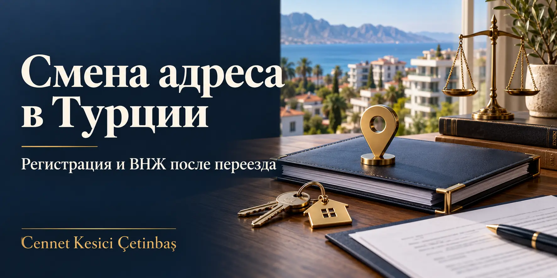 Смена адреса при ВНЖ в Турции: папка документов, ключи и указатель местоположения на фоне Анталии