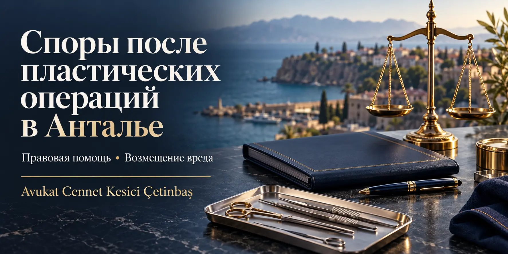 Споры после пластических операций в Анталье — Cennet Kesici Çetinbaş; весы правосудия, документы и хирургические инструменты