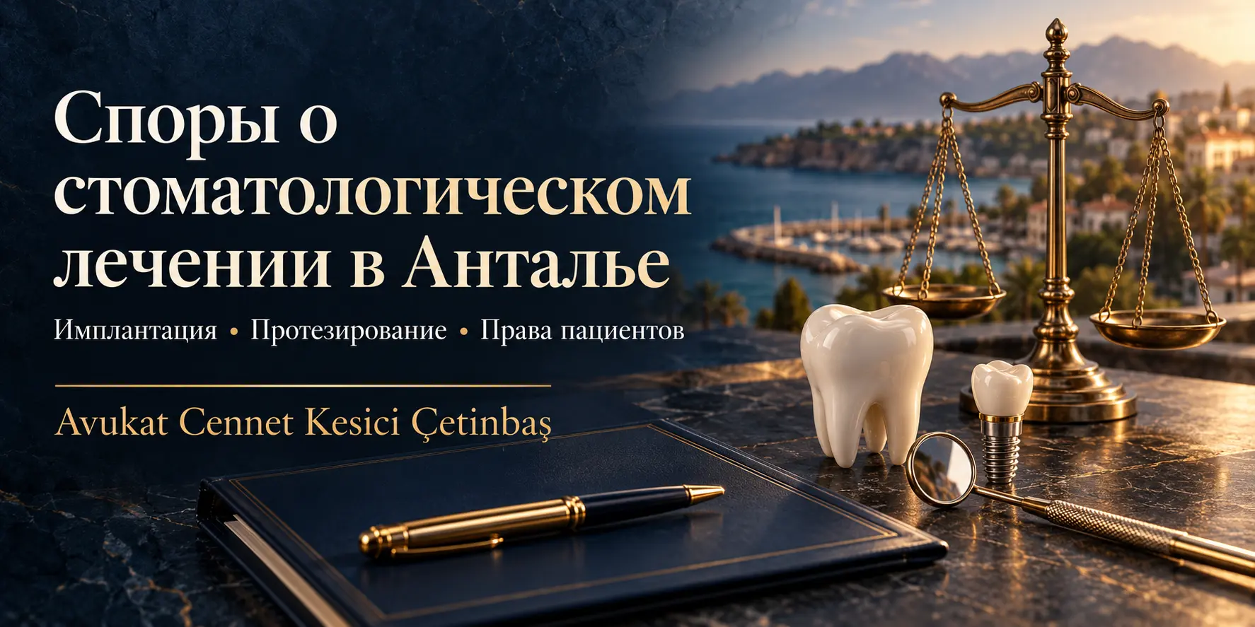 Споры о стоматологическом лечении в Анталье — Cennet Kesici Çetinbaş; весы правосудия, модель зуба, имплант и стоматологическое зеркало