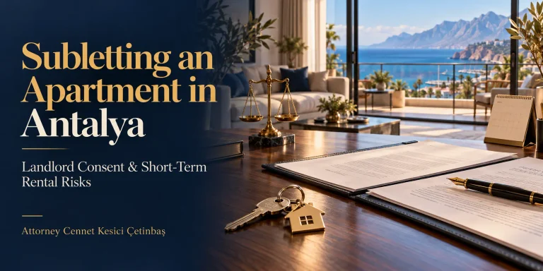 Rental documents, apartment keys, a calendar and scales of justice on a desk overlooking the Antalya coast.