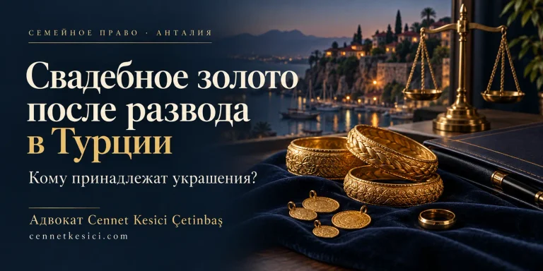 Свадебное золото и украшения рядом с весами правосудия на фоне Анталии.