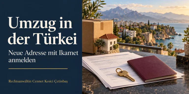 Umzugskarton, Hausmodell, Schlüssel und Dokumente vor Antalyas Küste zum Ikamet-Ratgeber von Rechtsanwältin Cennet Kesici Çetinbaş.