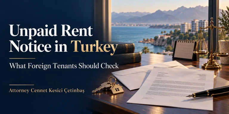 Rent enforcement notice and envelope beside apartment keys, a calendar and scales of justice, with an Antalya coastal view.