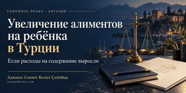 Увеличение алиментов на ребёнка в Турции — весы правосудия и учебные принадлежности на фоне Анталии.