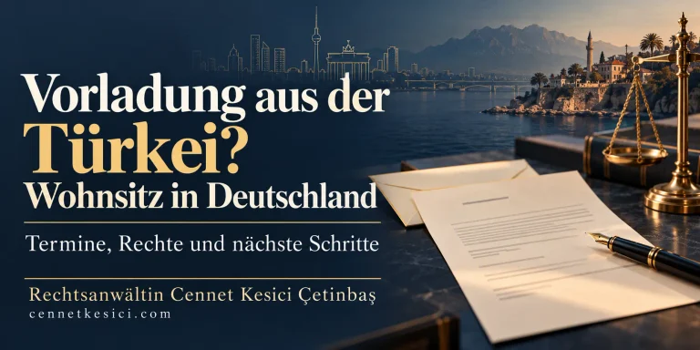 Vorladung aus der Türkei bei Wohnsitz in Deutschland: Schreiben, Briefumschlag, Füllfederhalter und Waage vor Ansichten von Berlin und Antalya.
